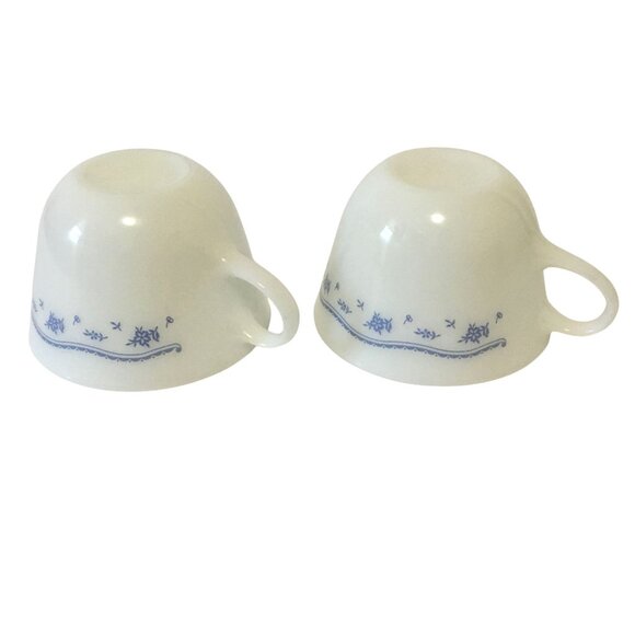 VTG Pyrex Morning Blue Mugs Set of 2 White Milk Glass Floral USA Cups - Picture 4 of 4